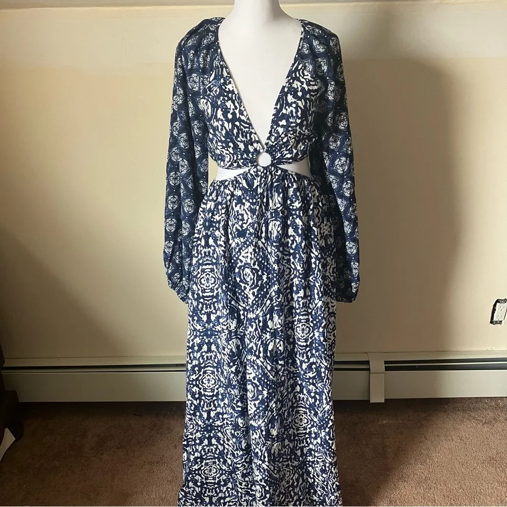 Abercrombie & Fitch Blue Long-Sleeve Plunge Cutout Maxi Dress size XS
